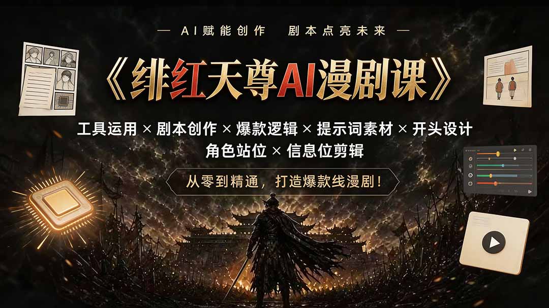 绯红天尊AI漫剧课｜工具运用×剧本创作×爆款逻辑×提示词素材×开头设计×角色站位×信息位剪辑