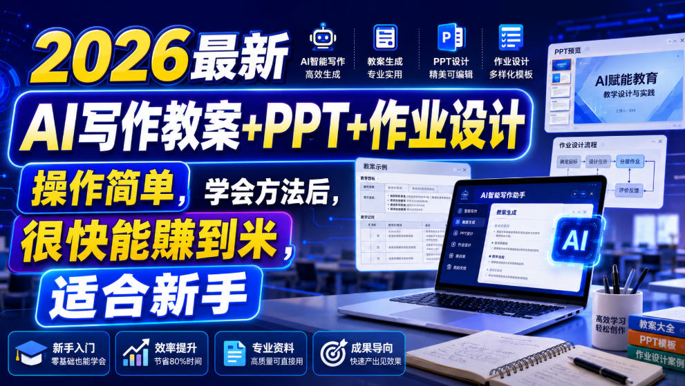 2026最新AI写作教案+PPT+作业设计，操作简单，学会方法后，很快能賺到米，适合新手