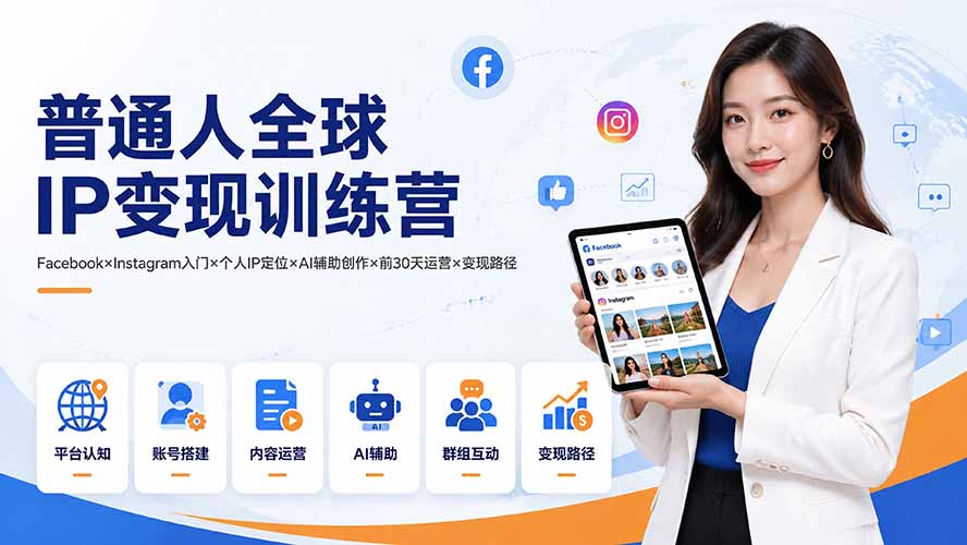 普通人全球IP变现训练营:Facebook×Instagram入门×个人IP定位×AI辅助创作×前30天运营×变现路径