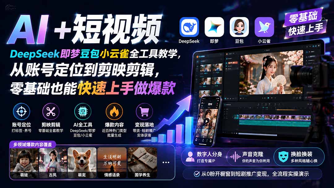 AI+短视频|DeepSeek即梦豆包小云雀全工具教学,从账号定位到剪映剪辑,零基础也能快速上手做爆款