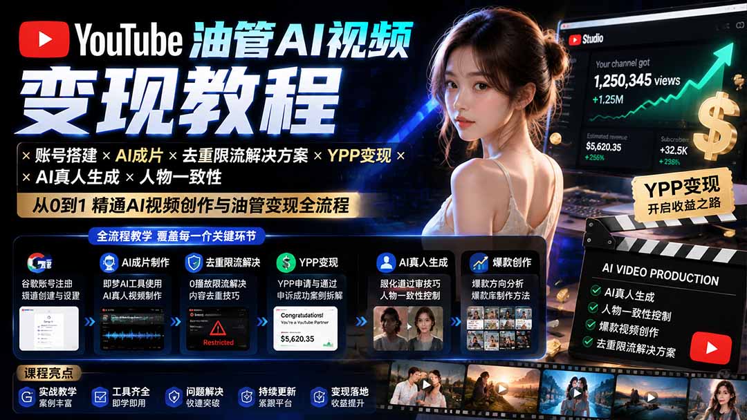 YouTube油管AI视频变现教程-更新：账号搭建×AI成片×去重限流解决方案×YPP变现×AI真人生成×人物一致性