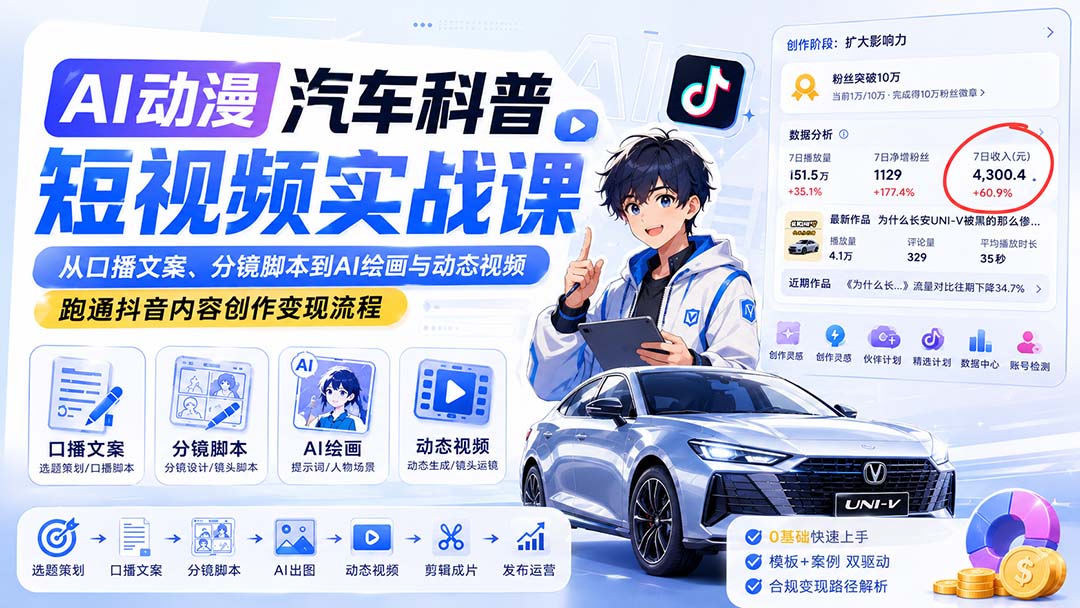 AI动漫汽车科普短视频实战课:从口播文案、分镜脚本到AI绘画与动态视频,跑通抖音内容创作变现流程
