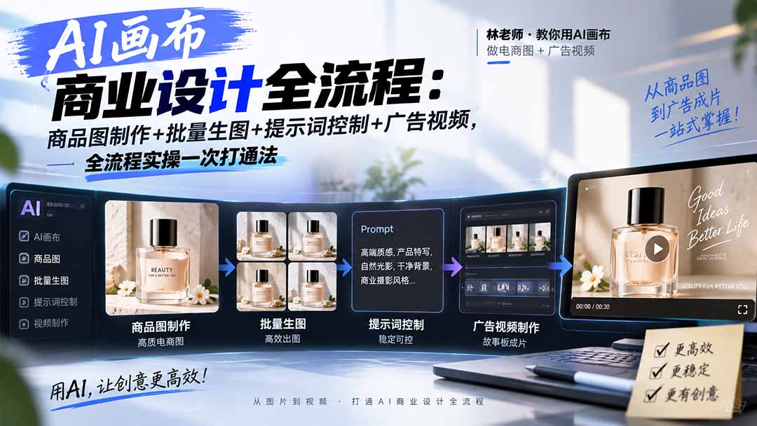 AI画布商业设计全流程:商品图制作+批量生图+提示词控制+广告视频,全流程实操一次打通法