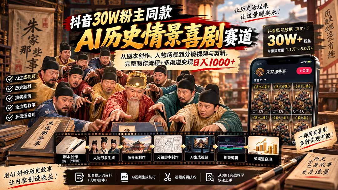 抖音30W粉博主同款AI历史情景喜剧赛道:从剧本创作、人物场景到分镜视频与剪辑,完整制作流程+多渠道变现日入1000+