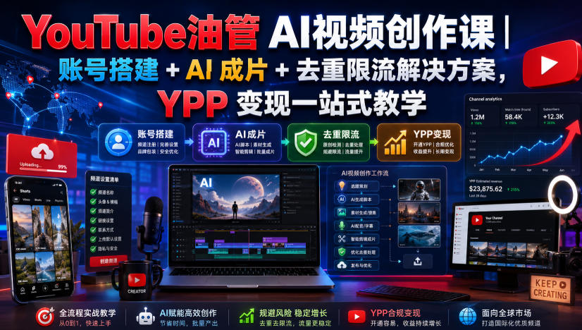 YouTube油管AI视频创作课｜账号搭建+AI成片+去重限流解决方案，YPP变现一站式教学(更新0925)