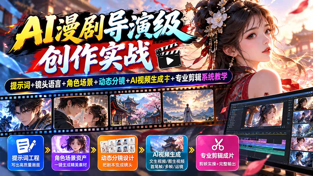 AI漫剧导演级创作实战:提示词+镜头语言+角色场景+动态分镜+AI视频生成+专业剪辑系统教学