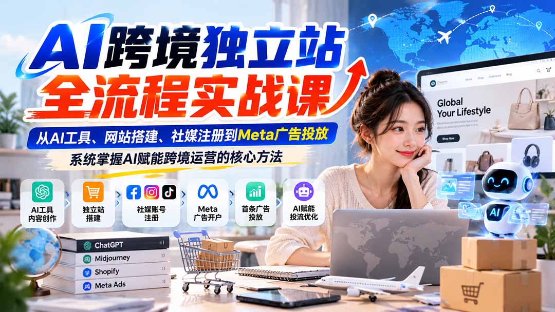 AI跨境独立站全流程实战课:从AI工具、网站搭建、社媒注册到Meta广告投放,系统掌握AI赋能跨境运营的核心方法