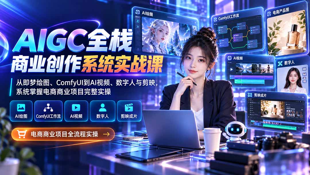 AIGC全栈商业创作系统实战课-更新1017：从即梦绘图、ComfyUI到AI视频、数字人与剪映，系统掌握电商商业项目完整实操