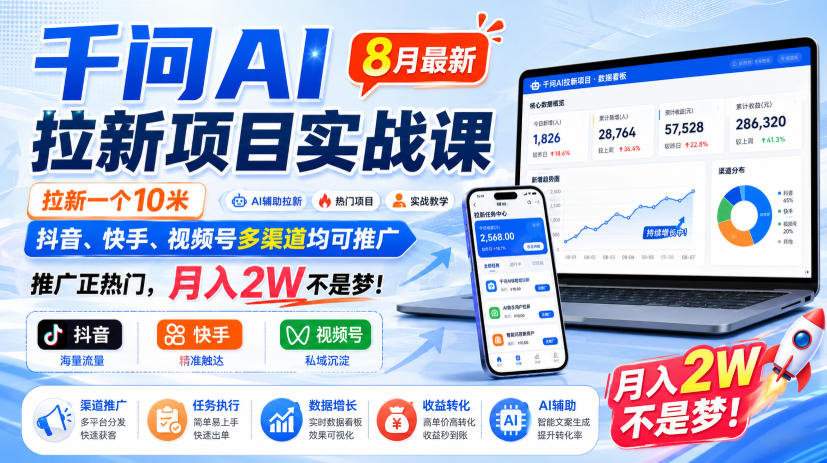 千问AI拉新项目实战课8月最新,拉新一个10米,抖音、快手、视频号多渠道均可推广,推广正热门,月入2W不是梦!(更新1020)