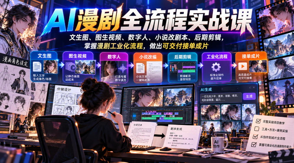 AI漫剧全流程实战课，文生图、图生视频、数字人、小说改剧本、后期剪辑，掌握漫剧工业化流程，做出可交付接单成片