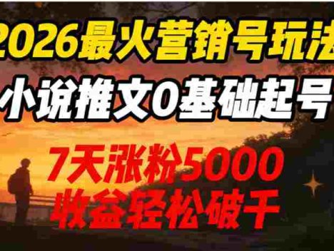 2026最火营销号玩法：小说推文0基础起号，7天涨粉5000，号称收益轻松破千！