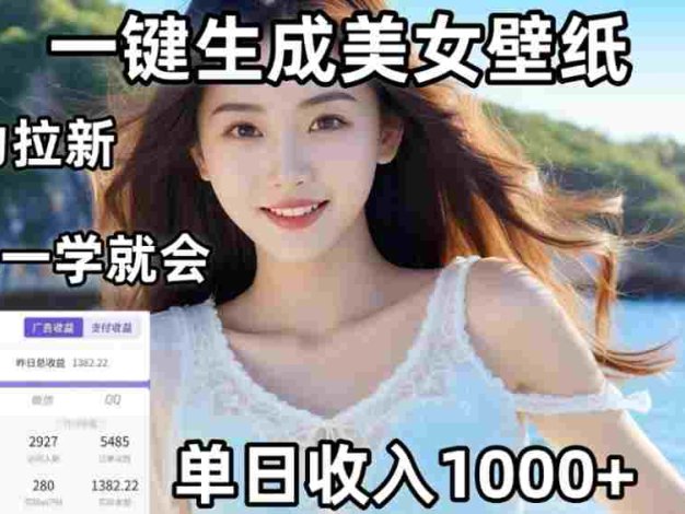 AI美女壁纸高效拉新:两分钟制作一个作品,新手小白一学就会,号称单日变现1000+