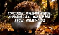 26年短视频王炸赛道动物科普视频,AI矩阵输出0成本,单条作品点赞330W,轻松日入4位数