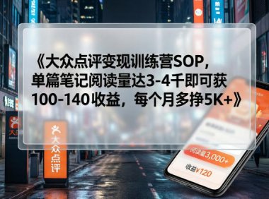 大众点评变现训练营SOP，单篇笔记阅读量达3-4千即可获100-140收益，每个月多挣5K+