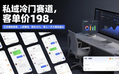 私域冷门赛道，客单价198，引流模板简单，人群精准，转化45%，单人一天大概收益1k