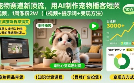 宠物赛道新顶流，用AI制作宠物播客短视频，1周涨粉2W(视频+提示词+变现方法)