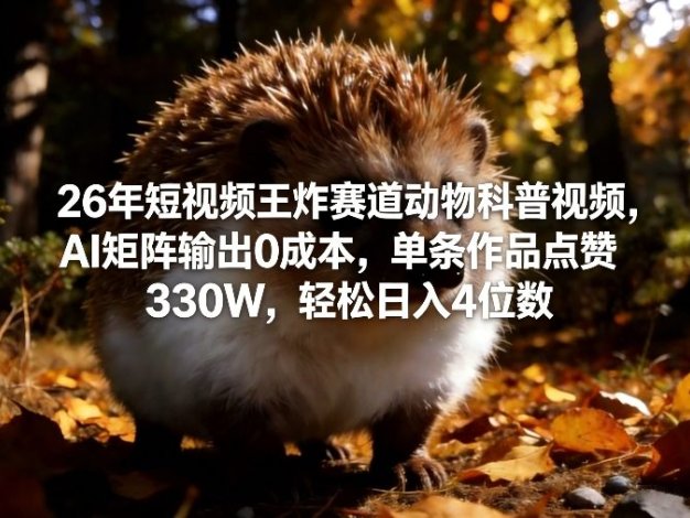 26年短视频王炸赛道动物科普视频，AI矩阵输出0成本，单条作品点赞330W，轻松日入4位数