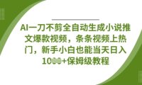 AI一刀不剪全自动生成小说推文爆款视频，条条视频上热门，新手小白也能当天日入数张