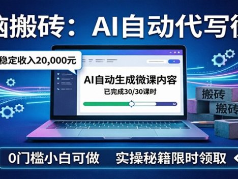 电脑搬砖AI自动代写微课，月稳定2W，0门槛小白可做，实操秘籍