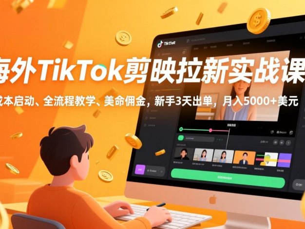 海外TikTok剪映拉新实战课，零成本启动、全流程教学、美金佣金，新手3天出单，月入5000+美元