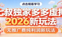 七叔独家多多虚拟，2026新玩法，无推广费，纯利润