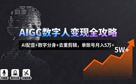 AIGC数字人变现全攻略，AI配音+数字分身+去重剪辑，单账号月入5万+