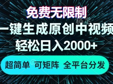 免费无限制，AI一键生成原创中视频，轻松日入2000+，超简单，可矩阵
