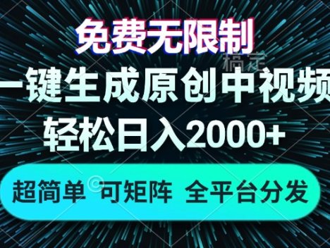免费无限制,AI一键生成原创中视频,轻松日入2000+,超简单,可矩阵