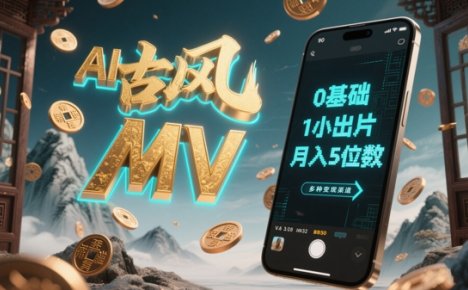 AI一键生成古风音乐MV，0剪辑基础1小时出片，多种变现渠道，一部手机月入5位数