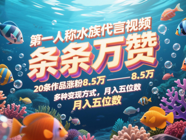 第一人称水族代言视频，条条万赞，20条作品涨粉8.5万，多种变现方式月，入五位数
