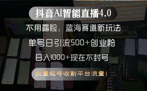 抖音AI智能直播4.0，不用露脸，蓝海赛道新玩法，单号日引流500+创业粉…