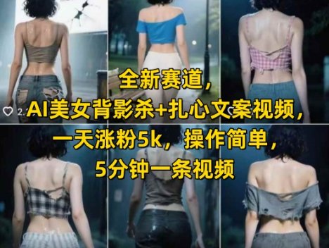 全新赛道，AI美女背影杀+扎心文案视频，一天涨粉5k，操作简单，5分钟一条视频