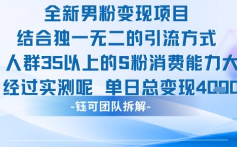 全新男粉变现项目引流人群35以上的男粉消费能力大 经过实测单日变现1k+