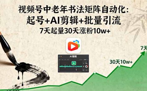 视频号中老年书法矩阵自动化：起号+AI剪辑+批量引流 7天起量30天涨粉10w+