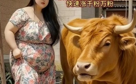 AI美女和大黄牛摔跤搞笑荒诞视频制作教程，快速涨千粉万粉