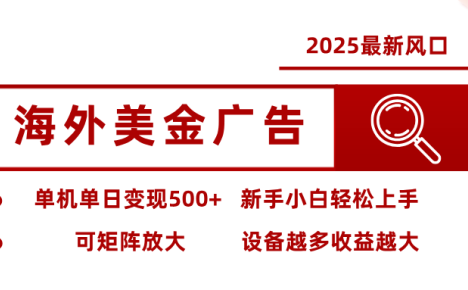 海外广告美金,单机单日500+,可矩阵放大,新手小白轻松上手