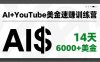 AI+YouTube美金速赚训练营，AI量产、爆款公式、急速变现、独家视野，14天创收6000+美金