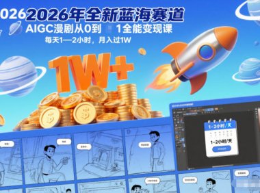 2026年全新蓝海赛道AIGC漫剧从0到1全能变现课，每天1—2小时，月入过1W