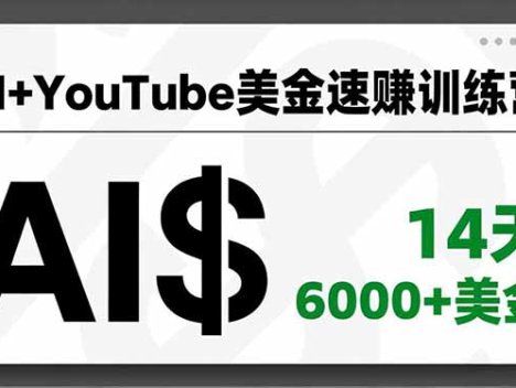 AI+YouTube美金速赚训练营，AI量产、爆款公式、急速变现、独家视野，14天创收6000+美金
