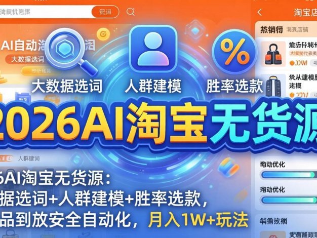 2026AI淘宝无货源:大数据选词+人群建模+胜率选款,从选品到放大全自动化,月入1W+玩法