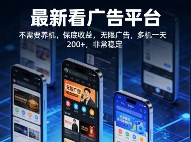 最新看广告平台，不需要养机，保底收益，无限广告，多机一天200+，非常稳定【揭秘】