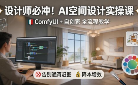 设计师必冲!AI空间设计实操课,ComfyUI+自创家全教学,告别通宵赶图,降本增效