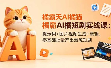 橘霸天AI橘猫短剧实战课：提示词+图片视频生成+剪辑，零基础批量产出治愈短剧