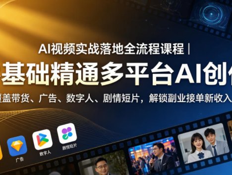 AI视频实战落地全流程课程｜零基础精通多平台AI创作，覆盖带货、广告、数字人、剧情短片，解锁副业接单新收入