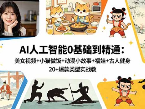 AI人工智能0基础到精通：美女视频+小猫做饭+动漫小故事+福娃+古人健身，20+爆款类型实战教学