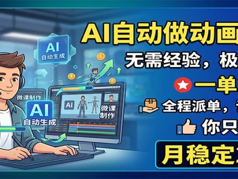 AI自动做动画微课，一单300+，全程派单，你只管执行，月稳定2W+