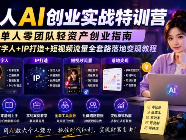 一人AI创业实战特训营，单人零团队轻资产创业指南，AI数字人+IP打造+短视频流量全套路落地变现教程