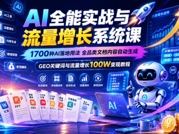 AI全能实战与流量增长系统课，1700种AI落地用法，全品类文档内容自动生成，GEO关键词与流量增长100W变现教程