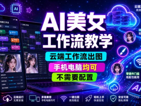 AI美女工作流教学，云端工作流出图，手机电脑均可，不需要配置，快速起号涨粉