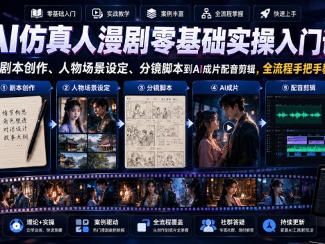 AI仿真人漫剧零基础实操入门课，从剧本创作、人物场景设定、分镜脚本到AI成片配音剪辑，全流程手把手教学